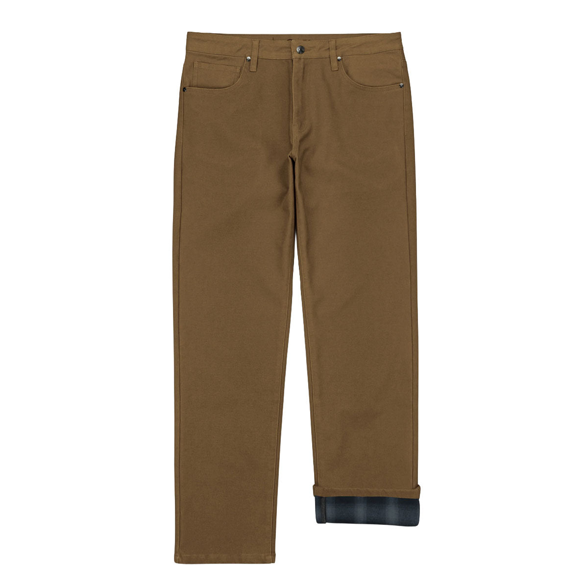 A pair of brown straight-leg jeans with a rolled-up hem showing a dark blue lining, displayed flat against a solid white background.