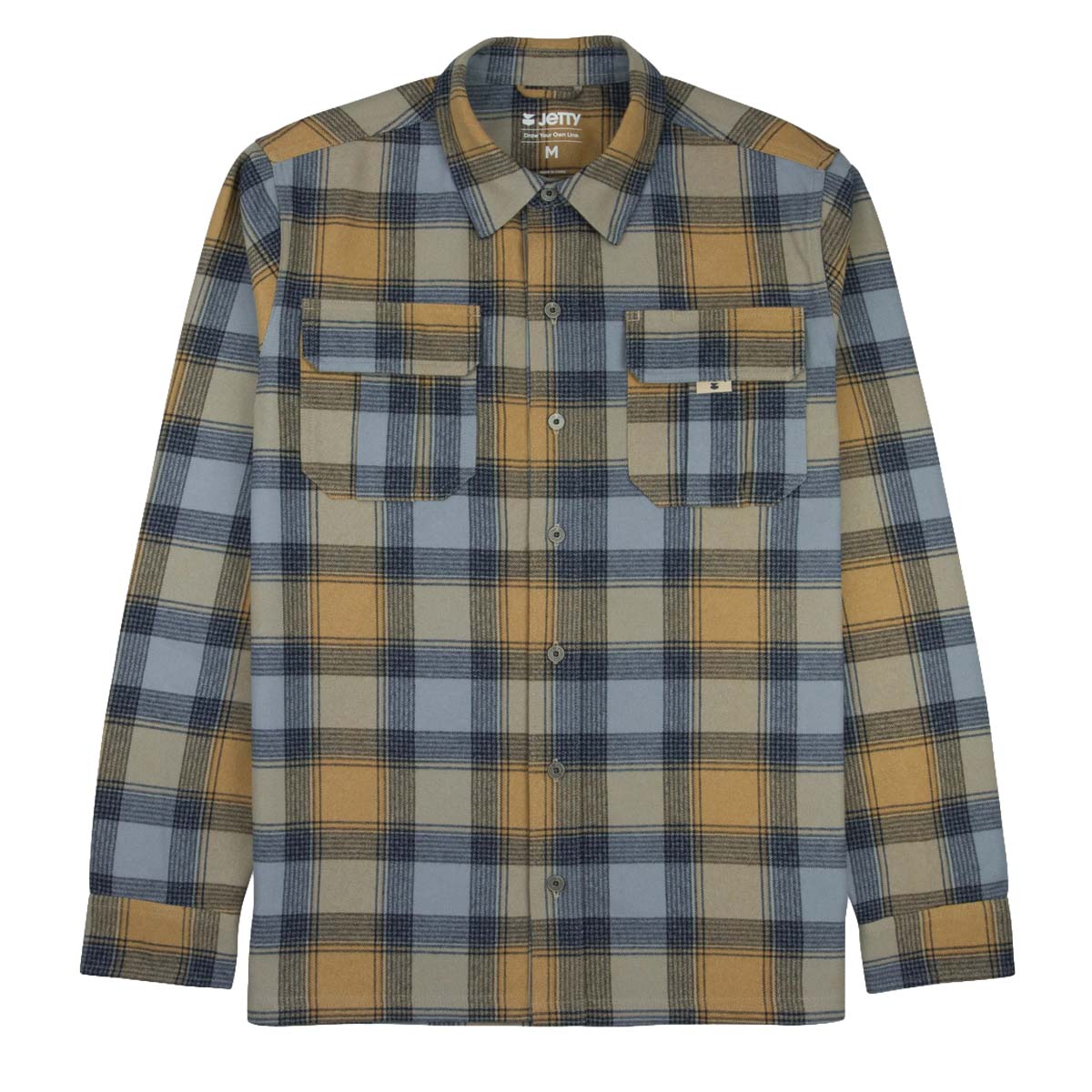 A long-sleeve button-up flannel shirt by JETTY, featuring a classic plaid pattern in mustard yellow, fog blue, and gray. The shirt has two buttoned chest pockets and a pointed collar, shown flat against a solid white background.