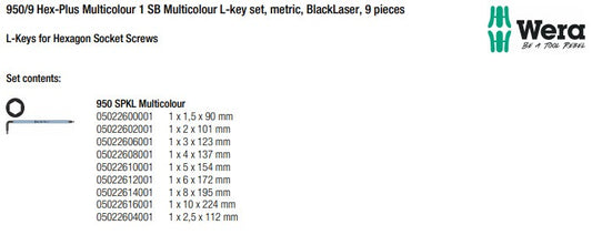 Wera - 950/9 Hex-Plus SB L-Key Hex Wrench Set - Metric, Multicolor