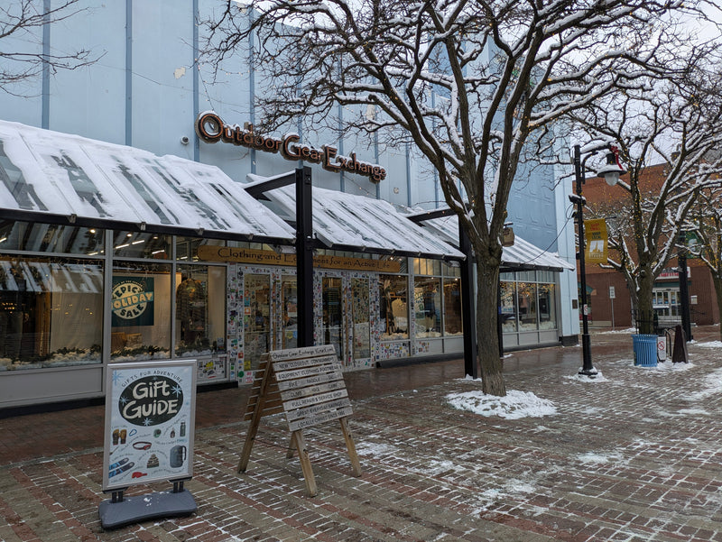 Outdoor Gear Exchange storefront during the holidays on Church Street in Burlington, Vermont