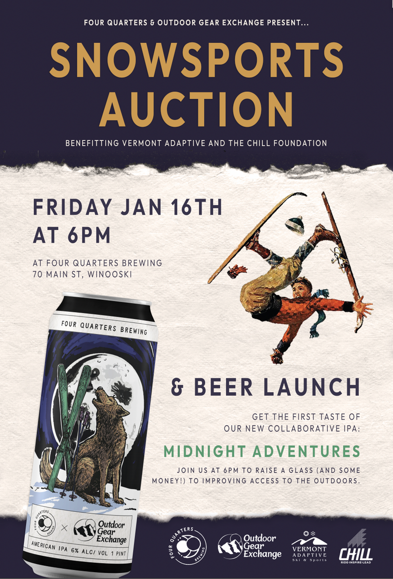 Snowsports Auction & "Midnight Adventures" Beer Release - Presented by Four Quarters Brewery & Outdoor Gear Exchange