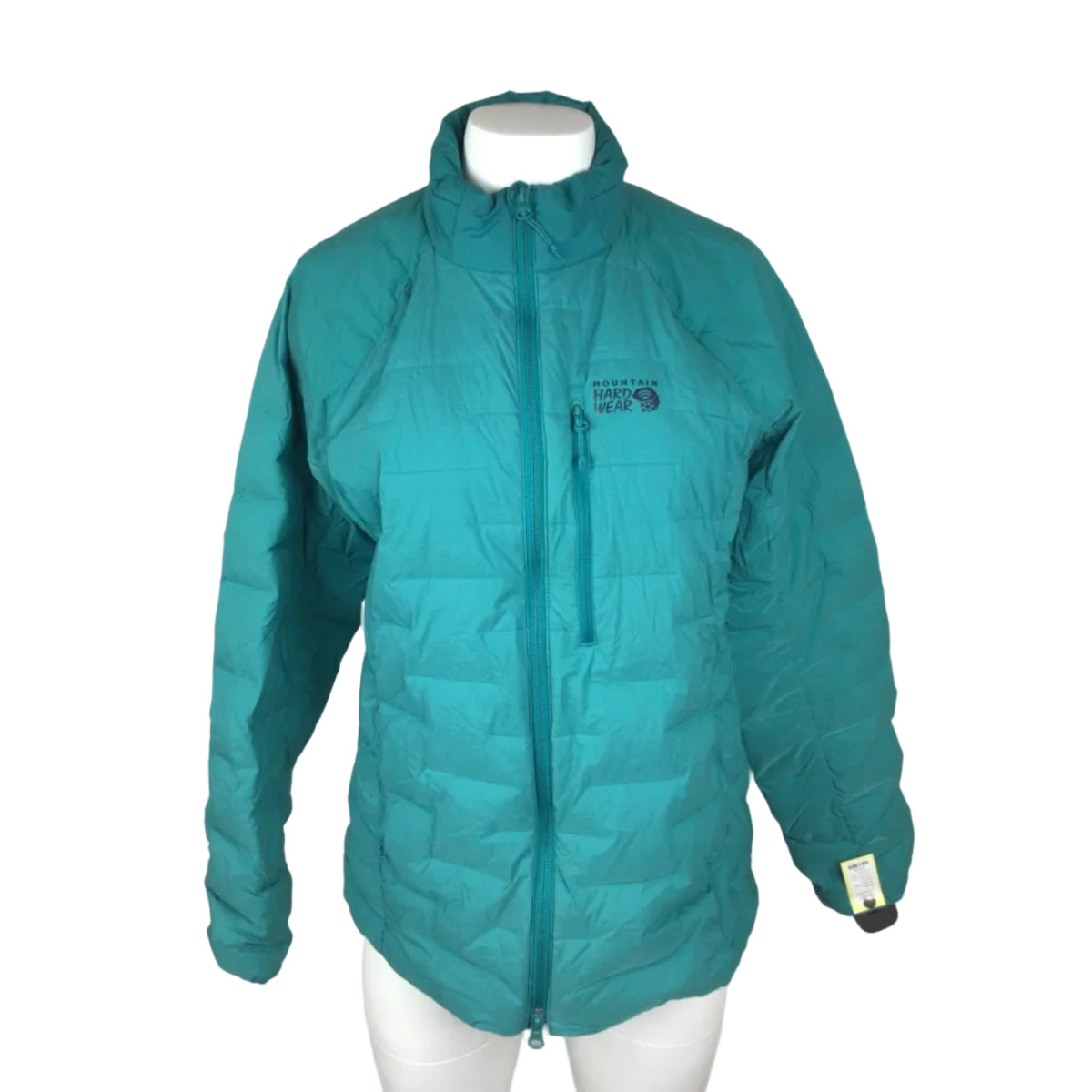 Teal puffer jacket on a white background