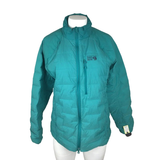 Teal puffer jacket on a white background