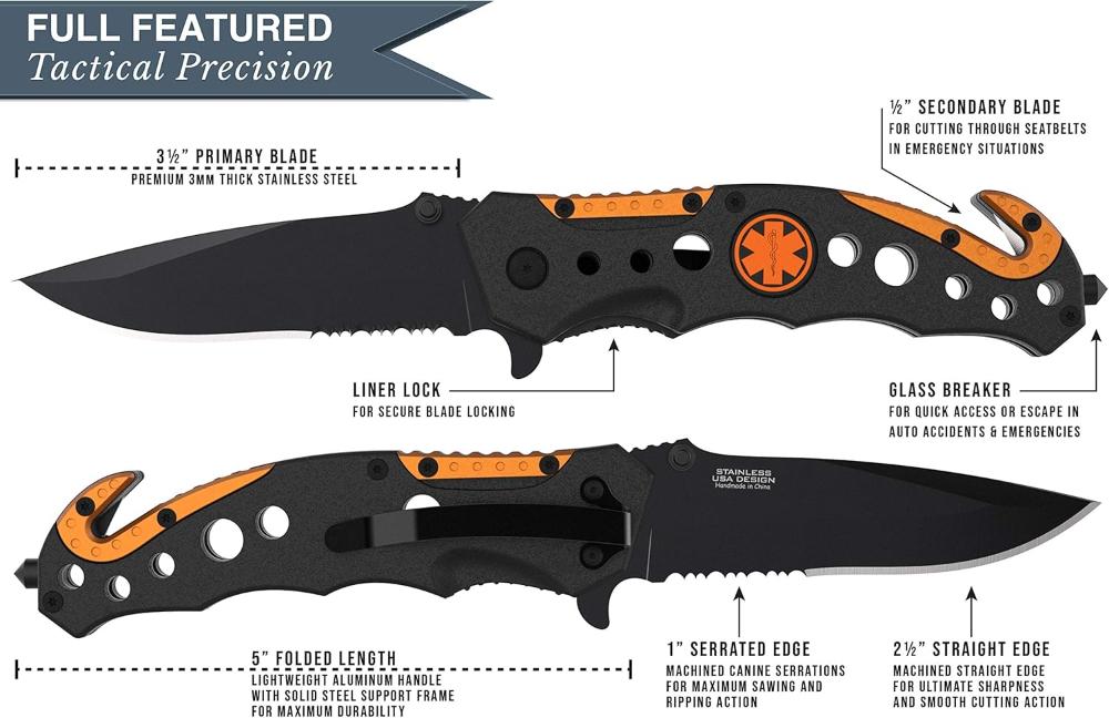 Swiss Safe - Tactical Rescue Folding Knife - EMT ORANGE