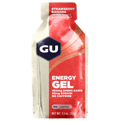 GU Energy Gel package with strawberry banana flavor on a white background