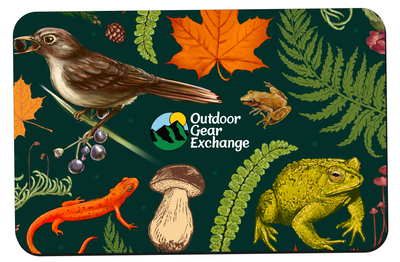 Card with nature-themed design featuring a bird, leaves, a frog, salamander, and mushroom, with 'Outdoor Gear Exchange' logo.