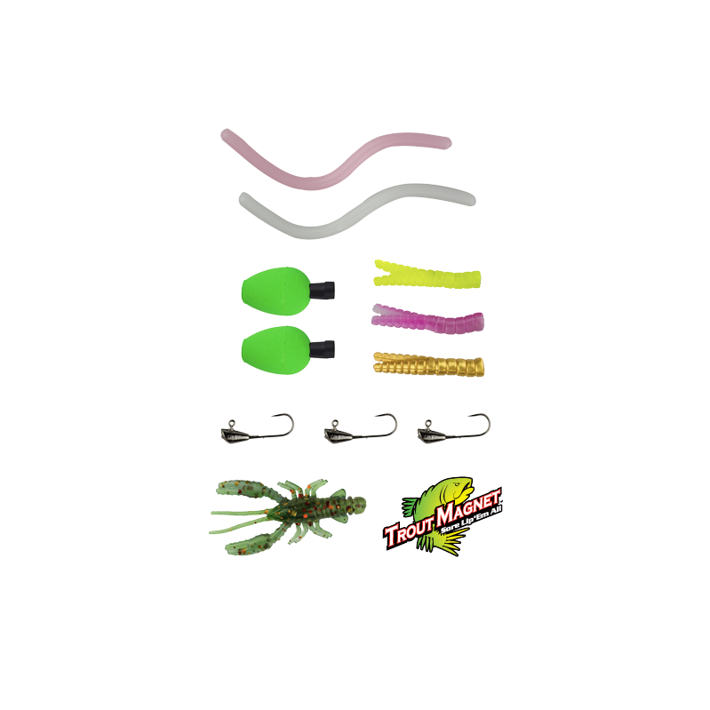 Collection of fishing lures and accessories with Trout Magnet logo on a white background