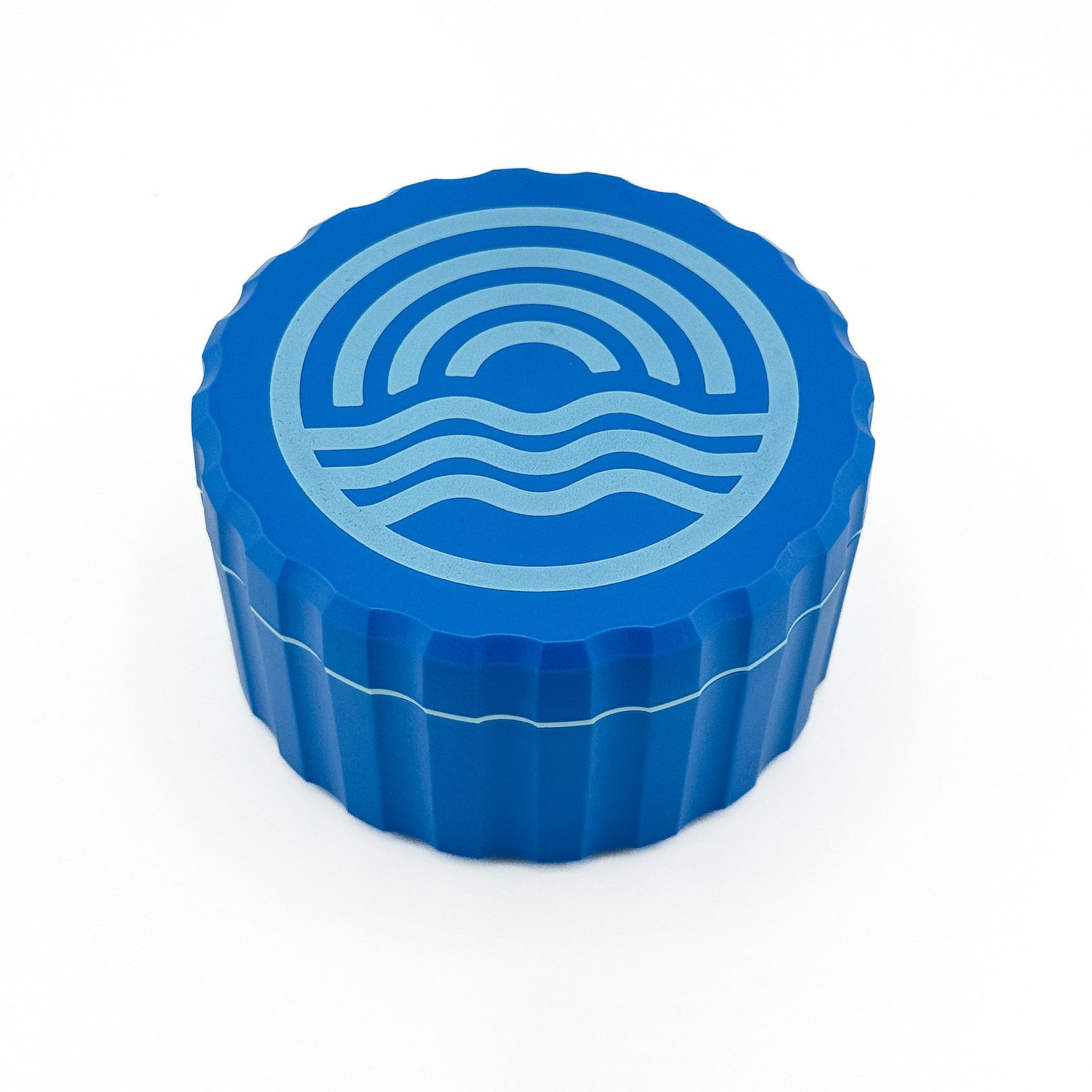Blue container with wave design on a white background