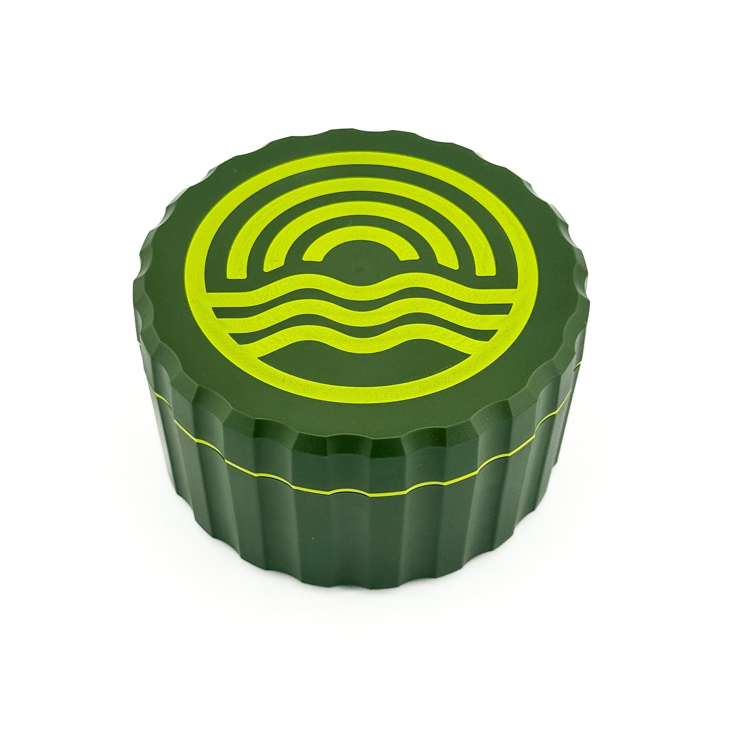 Green container with a yellow wave design on a white background