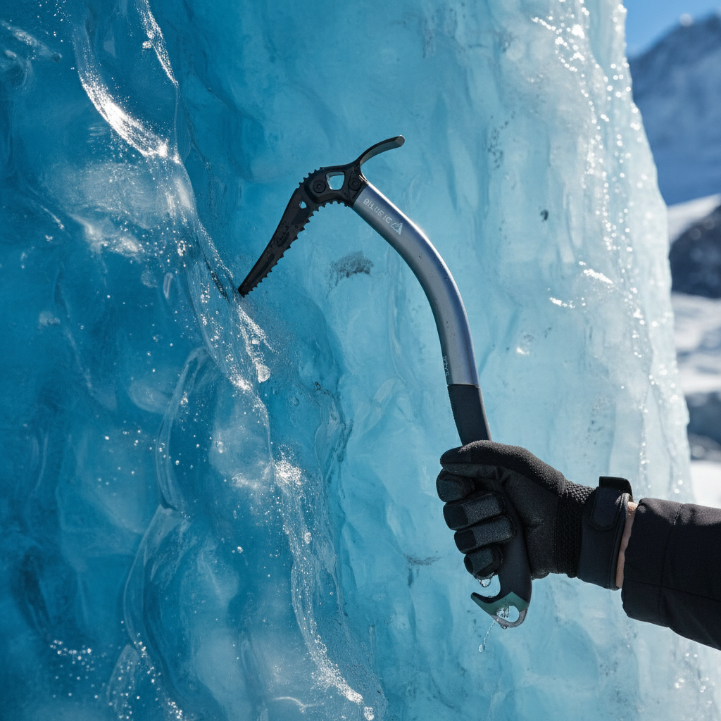 Ice axe being used to climb a frozen blue glacier