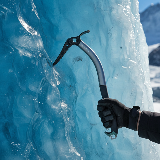 Ice axe being used to climb a frozen blue glacier