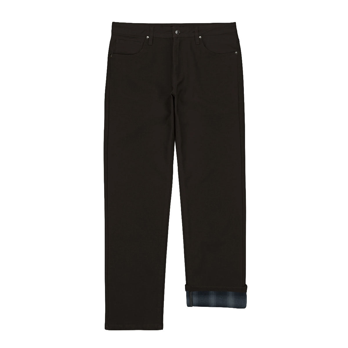 Black regular-fit pants with a rolled-up hem showing a dark blue plaid lining, displayed flat against a white background.