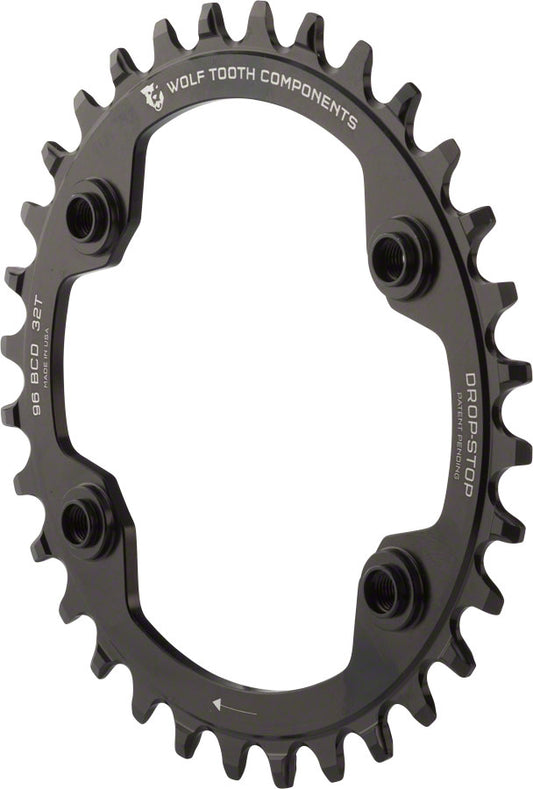 Wolf Tooth - 96 BCD Chainring - 32t, 96 Asymmetric BCD, 4-Bolt, Drop-Stop, For Shimano XTR M9000 and M9020 Cranks, Black