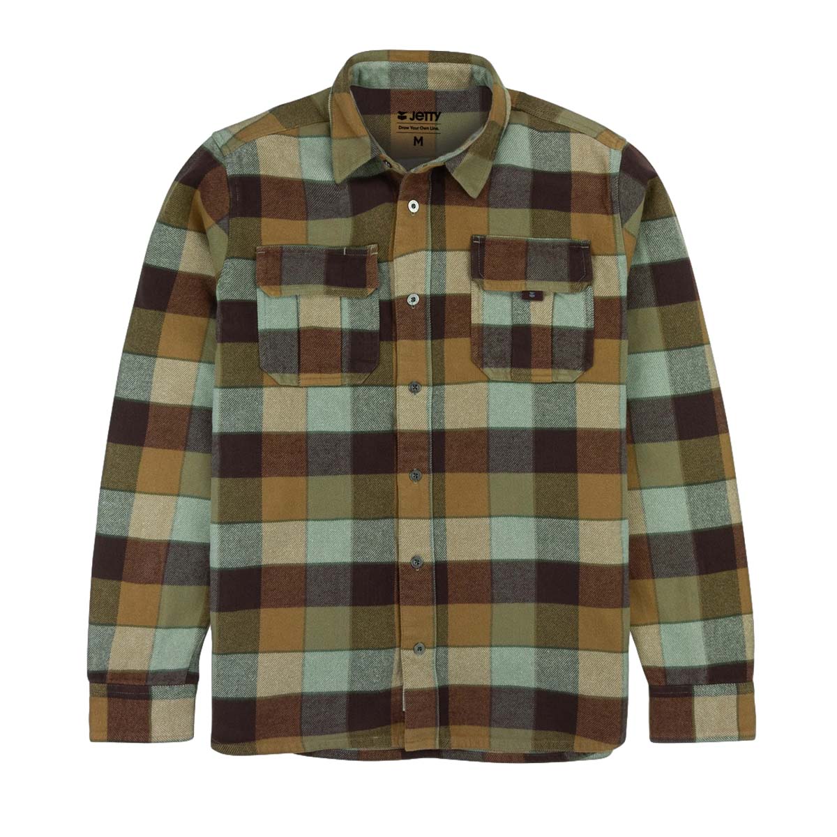 A long-sleeve button-up flannel shirt with a large plaid pattern in shades of brown, olive green, tan, and dark charcoal, featuring two buttoned chest pockets and a pointed collar.