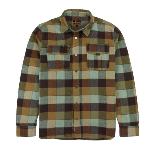 A long-sleeve button-up flannel shirt with a large plaid pattern in shades of brown, olive green, tan, and dark charcoal, featuring two buttoned chest pockets and a pointed collar.