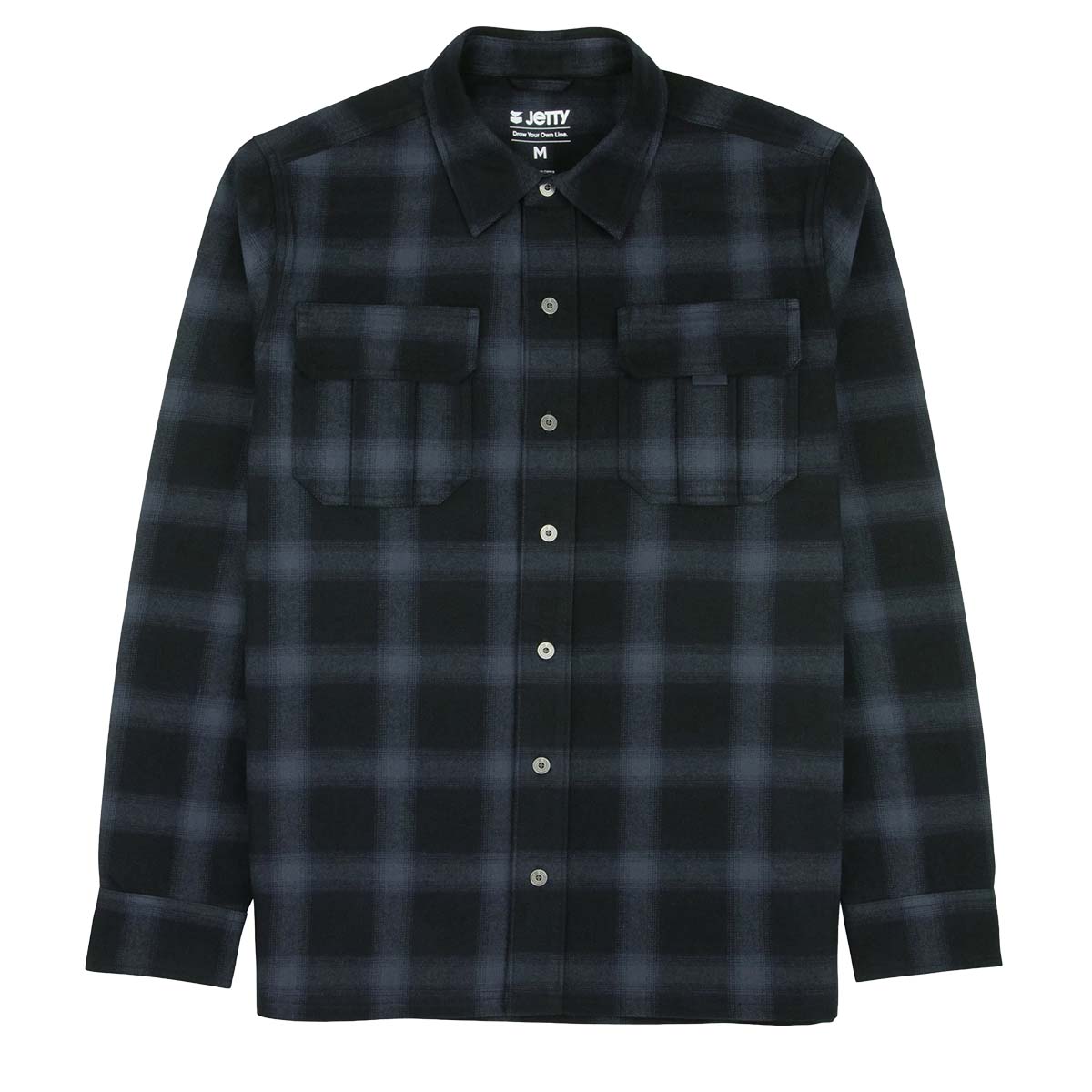 A long-sleeve button-up flannel shirt with a dark navy and black plaid pattern, featuring two chest pockets and a pointed collar, shown against a plain white background.