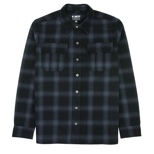 A long-sleeve button-up flannel shirt with a dark navy and black plaid pattern, featuring two chest pockets and a pointed collar, shown against a plain white background.