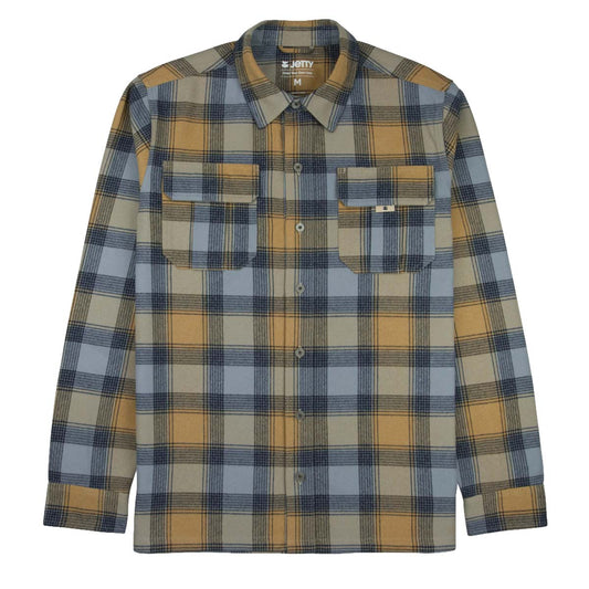 A long-sleeve button-up flannel shirt by JETTY, featuring a classic plaid pattern in mustard yellow, fog blue, and gray. The shirt has two buttoned chest pockets and a pointed collar, shown flat against a solid white background.
