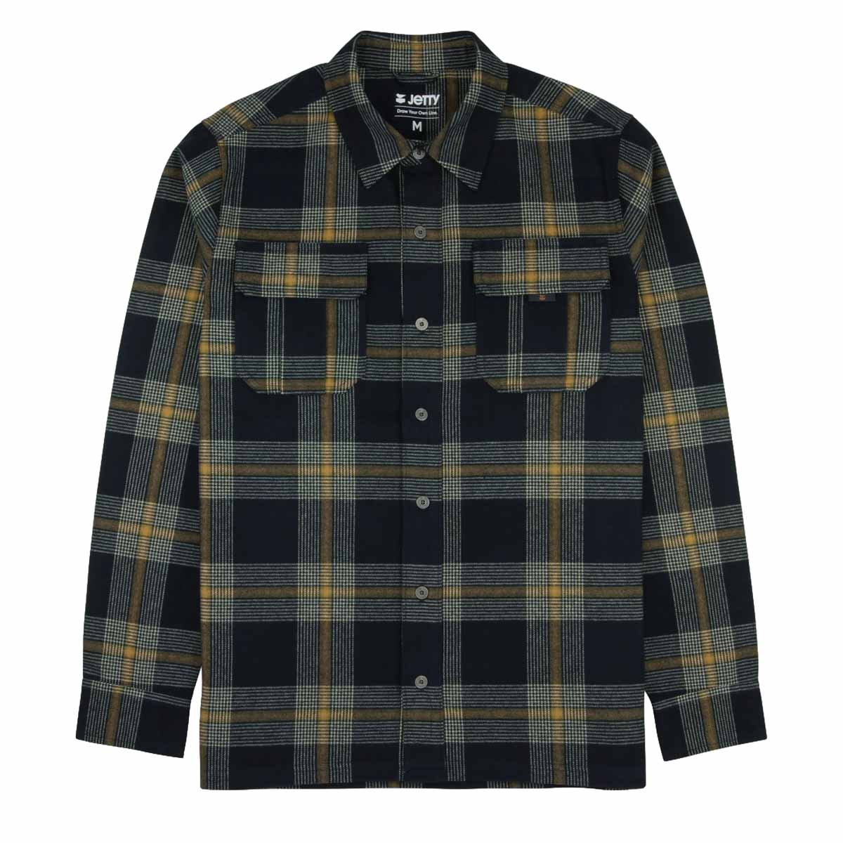 A long-sleeve button-up plaid shirt jacket by JETTY, featuring a dark navy base with yellow and gray plaid stripes, shown flat on a white background.