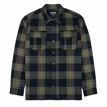 A long-sleeve button-up plaid shirt jacket by JETTY, featuring a dark navy base with yellow and gray plaid stripes, shown flat on a white background.