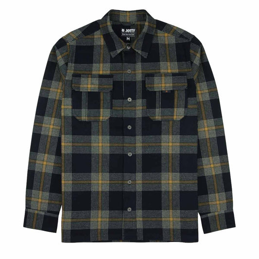 A long-sleeve button-up plaid shirt jacket by JETTY, featuring a dark navy base with yellow and gray plaid stripes, shown flat on a white background.