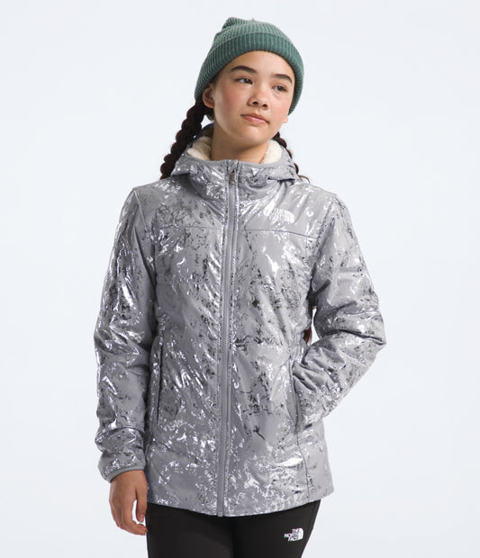 The North Face - Reversible Mossbud Parka - Girls' - Meld Grey Nature Texture Metallic Print