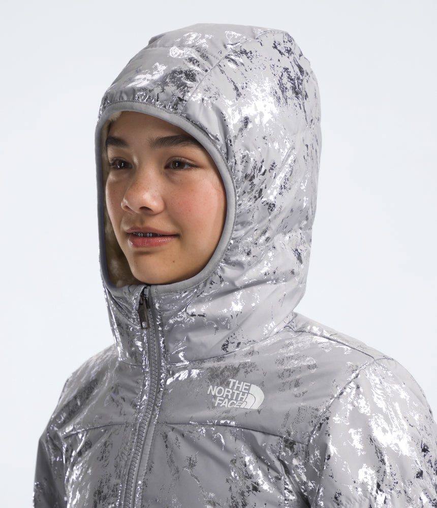 The North Face - Reversible Mossbud Parka - Girls' - Meld Grey Nature Texture Metallic Print